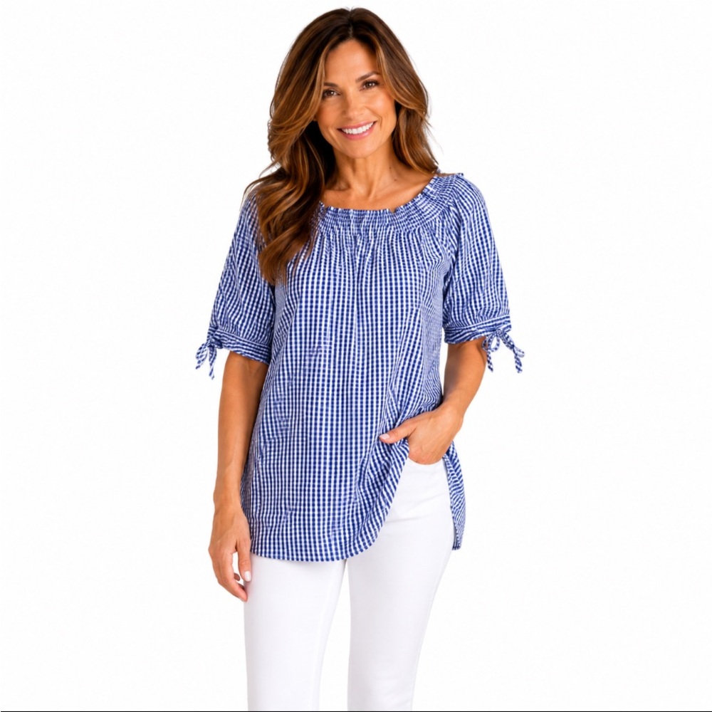 TOP IT OFF Blue Gingham Tie Sleeve Size: XL